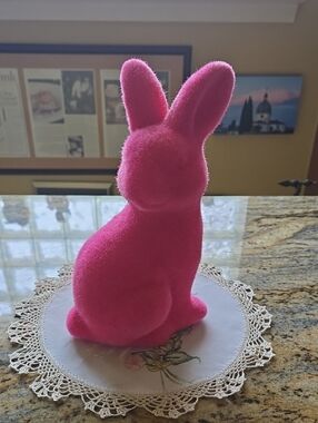 Bright Pink Flocked Bunny Figurine